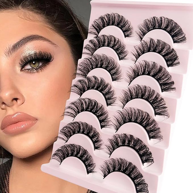 Mink Lash Fluffy Natural Look D Curl Eyelashes that Look Like Extensions Short Thick Lashes 7 Pair Wispy Cat Eye Strip False Volume Lash Pack 8-16mm Full Mega Double Stacked Eyelash Small Fake Lashes