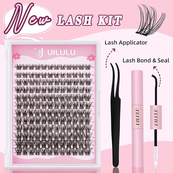 Lash Clusters Kit for DIY Lash Extension at Home, False Eyelashes Set with Bond and Seal, Lash Remover, Tweezers, D Curl Wispy Individual Clusters Eye Lash Extensions Kit (U22 DIY Lash Kit)