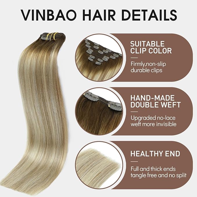VINBAO Hair Extensions Clip in Human Hair, 14 Inch 140g 7pcs Ombre Walnut Brown to Ash Brown and Golden Blonde Balayage Clip in Hair Extensions Human Hair (#HC3822,14'')
