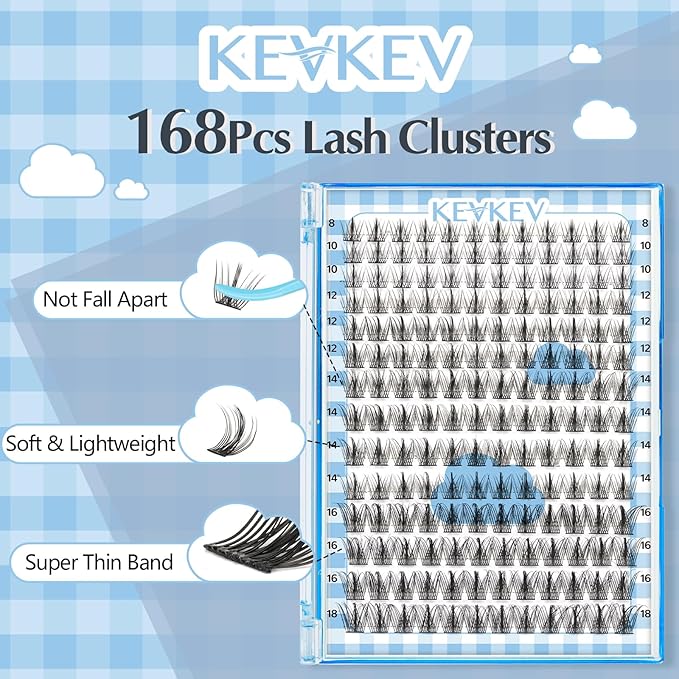 KevKev Lash Clusters 168 Pcs Cluster Lashes DIY Lash Extensions Mixed Styles Individual Lashes Eyelash Clusters Thin Band & Soft False Lashes Wispy Natural Lash Extension Clusters (Breeze, D-8-18mix)