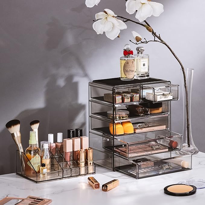 Sorbus Acrylic Makeup Organizer Set, 6-Drawer Vanity & Countertop Cosmetic Storage with Small & Wide Compartments, Black-Tint Makeup Storage for Brushes, Jewelry – Holiday Gift for Women & Teens