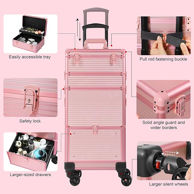 Makeup Train Case with Drawer, Rolling Makeup Case, Cosmetology Case on Wheels, Gift, Travel Makeup Organizers, Profesional Cosmetic Case for Salon Barber,Nail, Tattoo, Pink