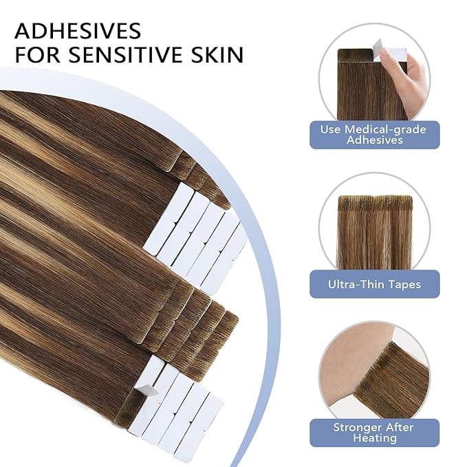 COOKAYU Invisible Tape in Extensions Human Hair, Medium Brown to Caramel Blonde 20Inch 45g 20pcs Injected Tape in Human Hair Straight Invisi Edge Extension