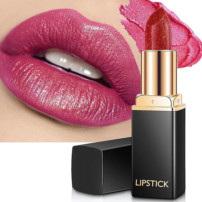 Rose Shimmer Metallic Lipstick for Women, Glitter Lip Stick Long Lasting Waterproof Moisturizing Lightweight Full Coverage Lip Makeup, High Shine Non-Sticky Pearl Shiny Cream Lipstick Balm, 04