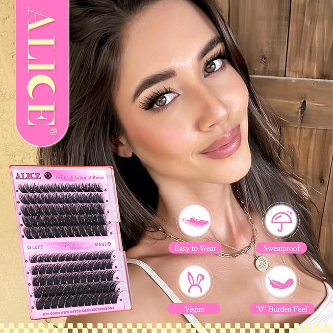 ALICE Lash Clusters Cat Eye Eyelash Clusters Cluster Eyelash Extensions Wispy Volume Lash Extensions Left & Right Thin Band 14-22mm Individual Lashes DIY at Home