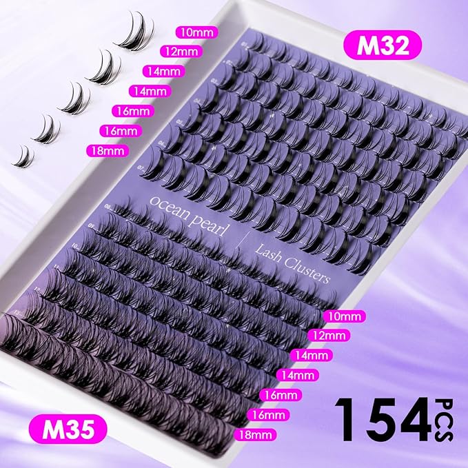 Ocean Pearl Lash Clusters Kit 154pcs,Eyelashes,spike-effect cluster lashes,10-18mm manga/anime-inspired lashes clusters,DIY Cluster Eyelash Extensions kit with lash bond+seal+remover+tweezers-M32+M35