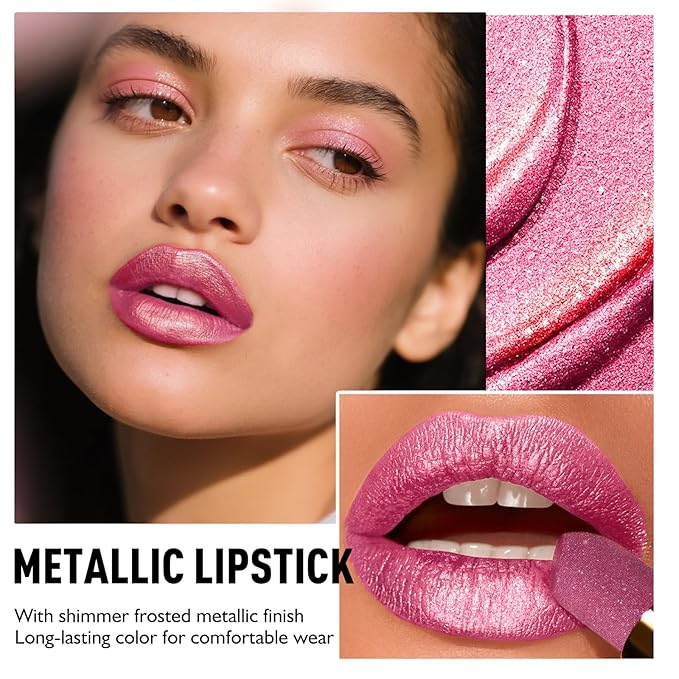Cool Berry Pink Lipstick for Women with Metallic Shimmer Shine, Long Lasting Lip Stick Glitter Moisturizing Lightweight Full Coverage Lip Makeup, Non-Sticky Pearl Shiny Cream Lipstick Balm, 08