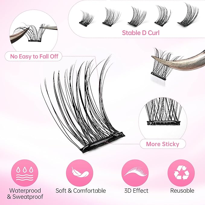 Beauty7 Self Adhesive Eyelashes, No Glue Needed, Self Adhesive Lash Clusters, Pre-Glued Eyelashes, Reusable Eyelash Clusters, D Curl 110pcs Clusters DIY Lash Extension (110pcs)
