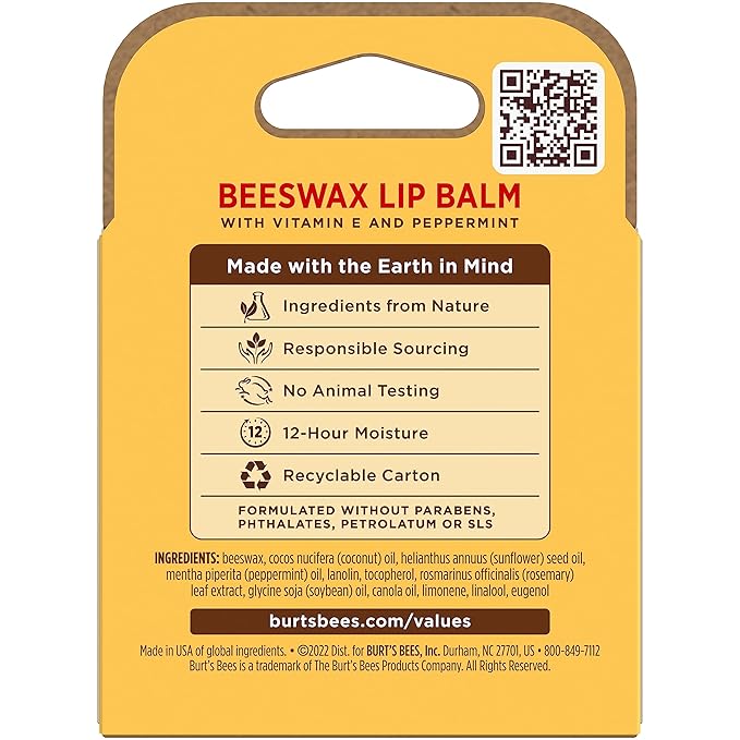 Burt's Bees Lip Balm - Original Beeswax, Lip Moisturizer With Responsibly Sourced Beeswax, Tint-Free, Natural Origin Conditioning Treatment, 4 Tubes, 0.15 oz.