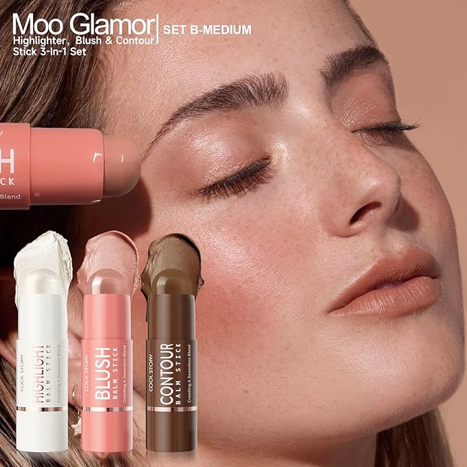 3-in-1 Highlighter,Blush and Contour Sticks Trio with Highlighter Stick Contour Stick and Blush Stick for Cheeks and Face Makeup (Set B Medium)