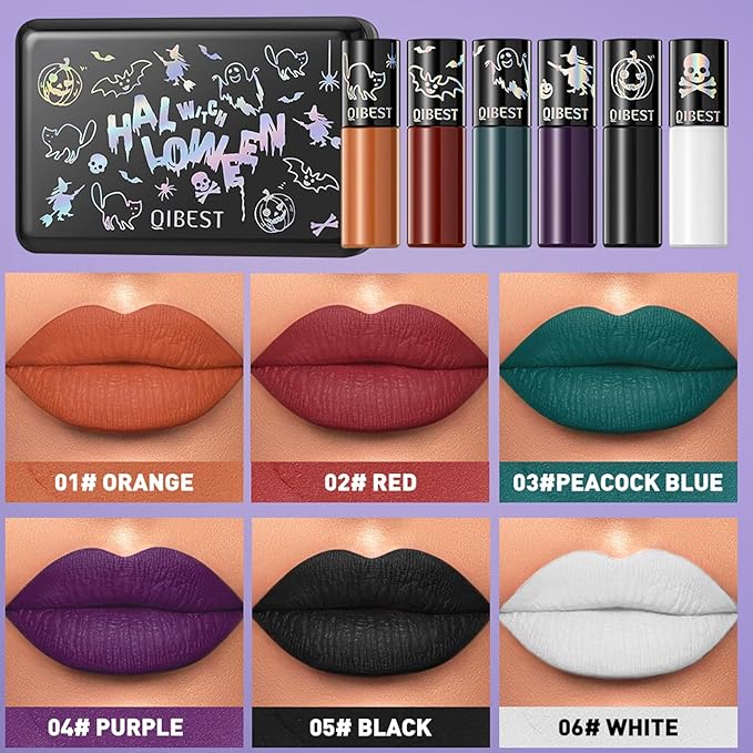 Dulele Dark Red Purple Green Black Matte Liquid Lipstick Gift Set, High Pigmented Lip Gloss for Girls & Women, Long Lasting 24 Hours Waterproof Lip Stain for Halloween Cosplay Goth Costume Makeup
