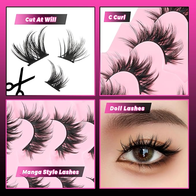 Veleasha Lashes Kit Manga Lashes Soft Eyelashes Wispy Eye Lash DIY Lash Crisscross with Eyelash Glue & Tweezers Multiple Wear Ways Soft Cotton Band 100% Handmade 7 Pairs Pack (Mermaid Kit)