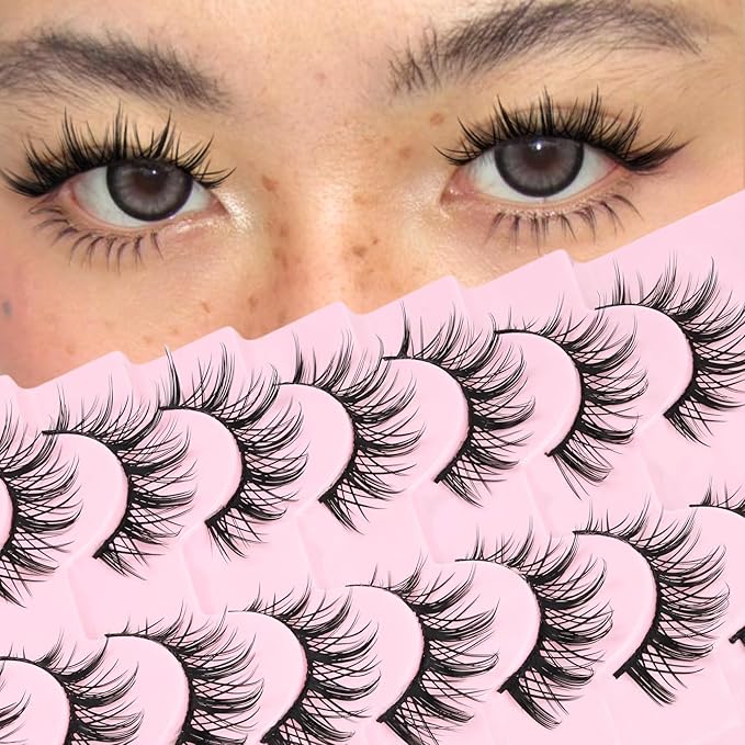 Veleasha Manga Eyelashes Spiky Eye Lashes Cat Eye Lashes Anime Lash Crisscross 100% Handmade 8D Doll Lash Natural Look Soft Wispy Fake Eyelashes 8 Pairs (Pomelo)