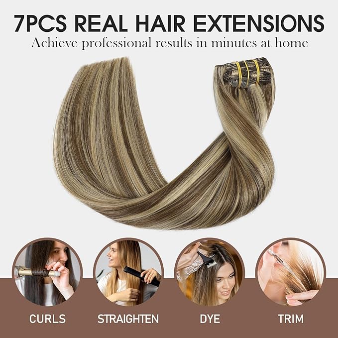 VINBAO Clip in Hair Extensions Real Human Hair Highlights 20In 160G Full Head Clip in Hair Extensions Brown Mix Honey Blonde Straight Remy Hair 7Pcs Thick End (#HC4P27,20'')