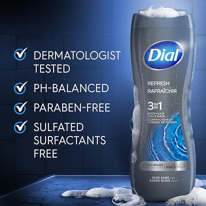Dial Men 3 in 1 Body, Hair and Face Wash, Refresh, 16 Fl Oz (Pack of 4), Blue Sage Scent, Cleanses Deep + Gentle on Skin with Clean Rinse Technology