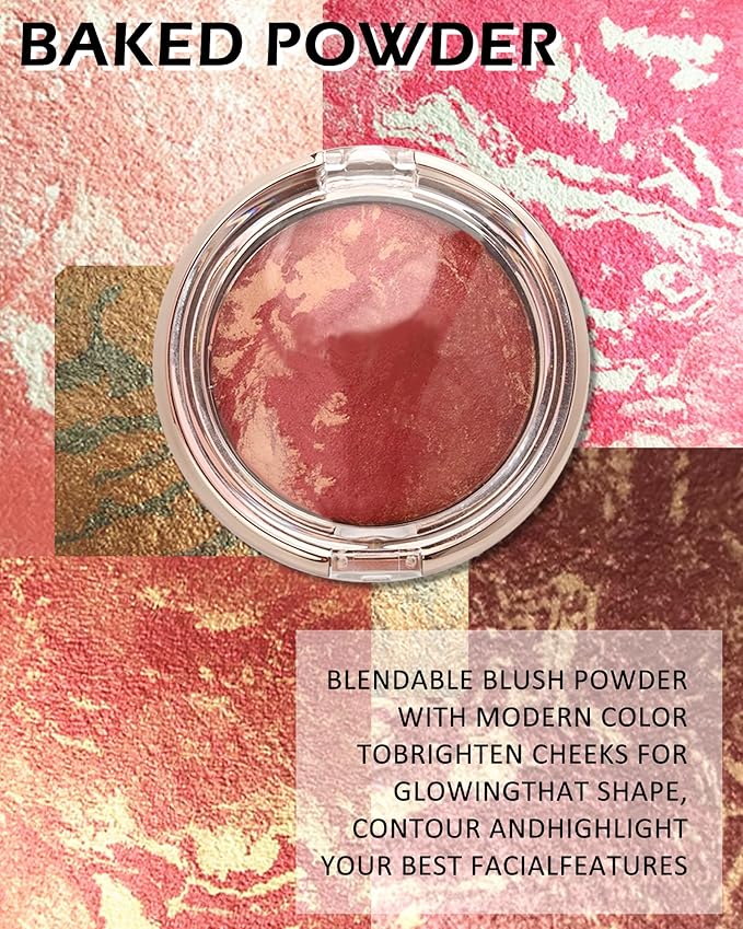Baked Powder Blush, Glow Marbleized Blusher Powder Palette,Lightweight Shimmery face Blush for Cheeks,Eyeshadow & Highlight,Thanksgiving Makeup Gift for Women rubores de maquillaje(0.49Ounce)-03