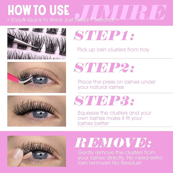 JIMIRE Self Adhesive Eyelashes Natural Wispy 8-16MM Pre Glued Lash Clusters No Glue Needed Press on Lashes Reusable Self Adhesive Lashes Classic Eyelash Clusters Easy to Apply