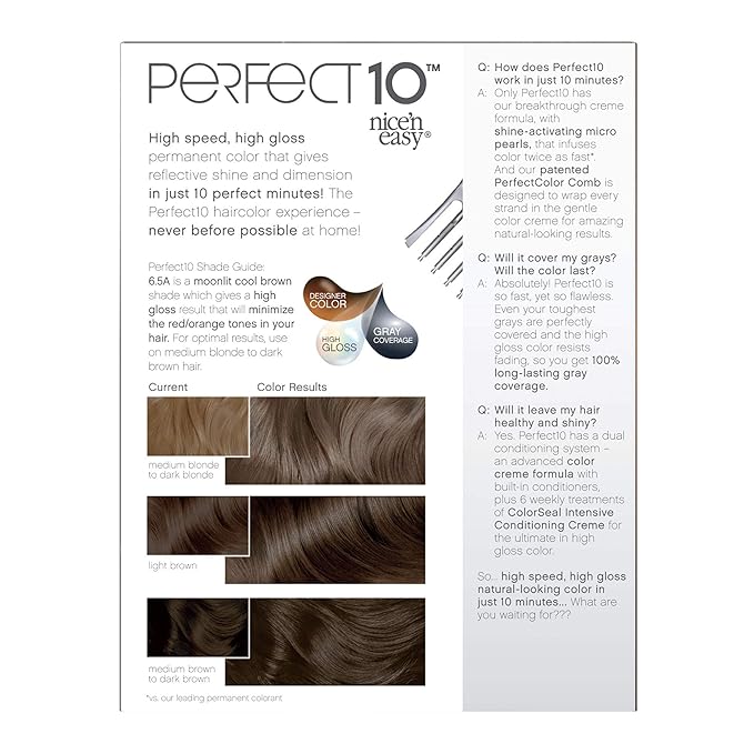 Clairol Nice'n Easy Perfect 10 Permanent Hair Dye, 6.5A Lightest Cool Brown Hair Color, Pack of 2