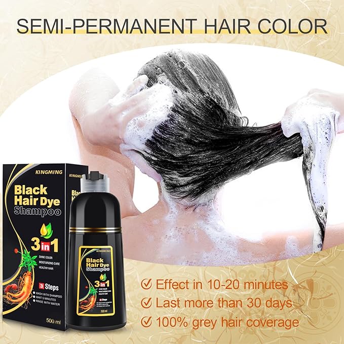 KINGMING Black Hair Dye Shampoo for Gray Coverage, 3 in 1 Herbal Instant color with 100% Cover for Women & Men (500ml)