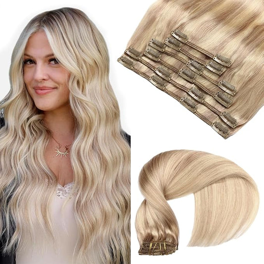 VINBAO 18 In Clip In hair Extensions Ash Blonde with Bleach Blonde Silky Long Straight Human Hair 100% Remy Human Hair Salon Quality For Women 120g 6PCS(#18P613, 18)