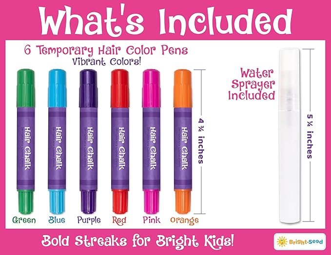 Bright Seed Hair Chalk For Girls Washable, Temporary Hair Color, Paint & Dye for Kids, Makeup Kit of 10 colors, Great Toy & Birthday Gifts for Kids Age (Multicolor 6 Pens)