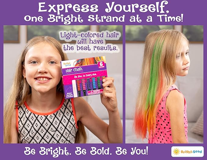 Bright Seed Hair Chalk For Girls Washable, Temporary Hair Color, Paint & Dye for Kids, Makeup Kit of 6 colors, Great Toy & Birthday Gifts for Kids Age 5 6 7 8 9 10 11 12 13, Craft for Tween & Teen