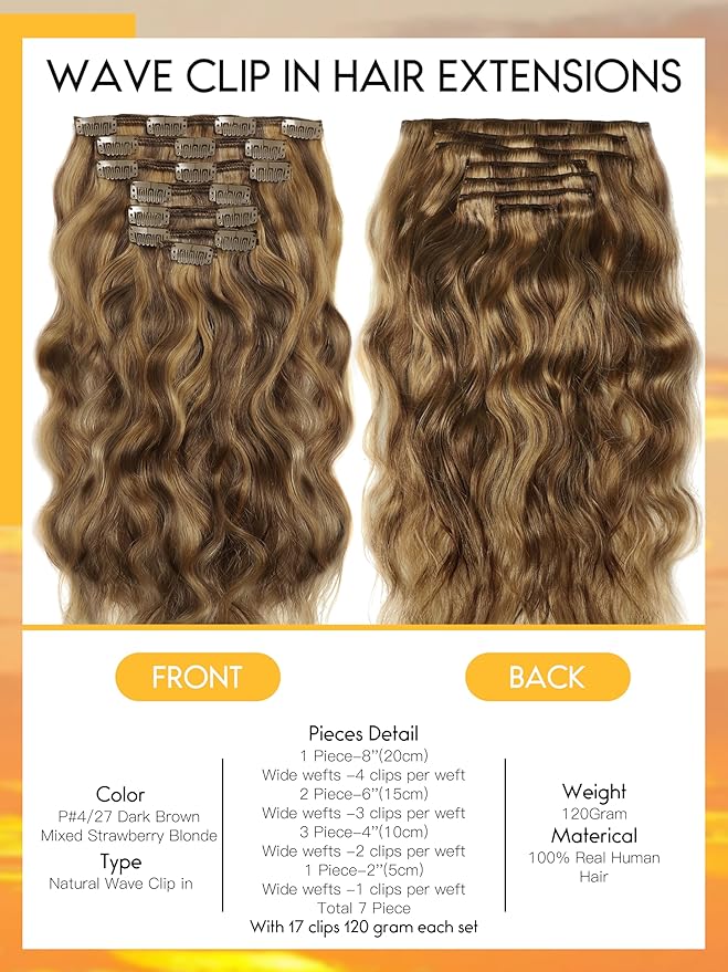 Caliee 14Inch Natural Curly Clip in Human Hair Extension Natural Wave Curly Clip in Hair Extensions Piano Chocolate Brown Mixed with Strawberry Blonde Color Remy Human Hair Clip ins NW#P4/27 120G