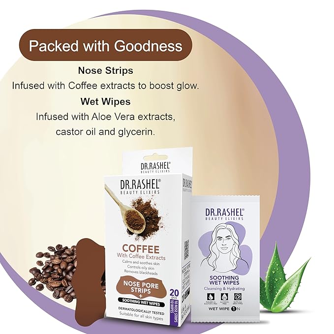 DR.RASHEL Coffee Nose Pore Strips For Pore Cleansing, Instant And Painless Blackheads Removal | Deep Purifying Blackhead Remover Strips for Nose | 20 PCS (10 Strips & 10 Wipes)