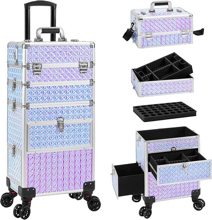 AROUS Rolling Makeup Train Case with 3 Drawers, Cosmetology Case on Wheels Nail Trolley Cart Salon Station Organizer Cases for Nail Tech, Face Painting,Hairstylist, Makeup Artist, Silver