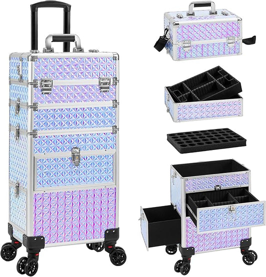 AROUS Rolling Makeup Train Case with 3 Drawers, Cosmetology Case on Wheels Nail Trolley Cart Salon Station Organizer Cases for Nail Tech, Face Painting,Hairstylist, Makeup Artist, Silver