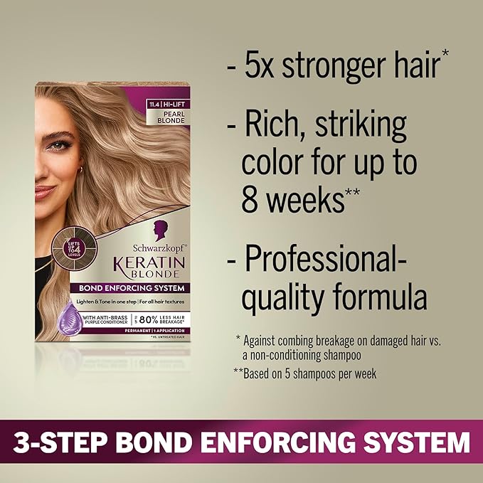 Schwarzkopf Keratin Blonde Hair Dye, 11.4 Pearl Blonde, Professional Quality Hi-Lift Permanent Hair Color, Bond Enforcing System Helps Prevent Breakage* Pre-Color Serum & Purple Conditioner Included