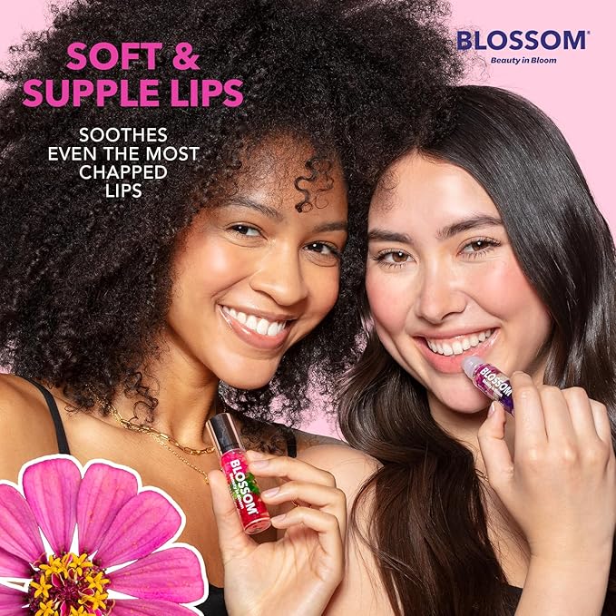 Blossom Roll on Lip Gloss, Scented Clear High Shine Moisturizing Lip Oil, Non Sticky, Infused with Real Flowers, Made in USA, 0.3 fl. oz./9ml, 3 pack Mini Gift Set, Strawberry, Watermelon, Mango