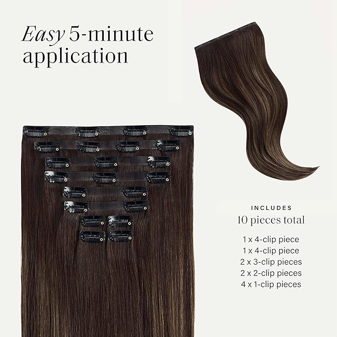 Luxy 100% Remy Human Hair - Seamless Clip-In Hair Extensions - Multi-Dimensional Color for Natural Blending, Adds Volume & Length 50 grams 12" Dark Brown Balayage