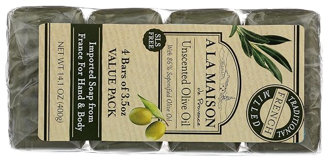 A LA MAISON Hypoallergenic Unscented Bar Soap - Triple French Milled Natural Moisturizing Hand Soap Bar (4 Bars of Soap, 3.5 oz)