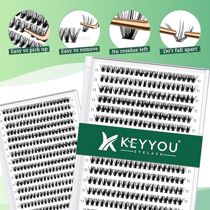 Lash Clusters 300pcs Individual Lashes 40D 0.07D Curl 11mm DIY Eyelash Extension KEYYOU Large Tray Volume Soft&Natural Cluster Lashes(40D-0.07D,11）