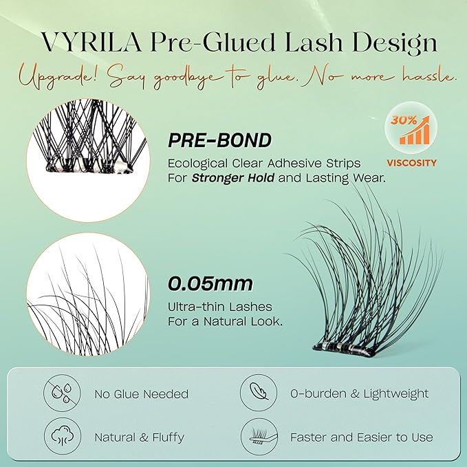 Self-Adhesive Lash Cluster, Pre-Glued Clusters, Pop-On Faux Eyelashes, 3D Thin Band D Curl Natural Look Lahses, Easy to Apply, Reusable 0.05mm Eyelash Extensions (Green Hush-D-0.05-10-16mix)