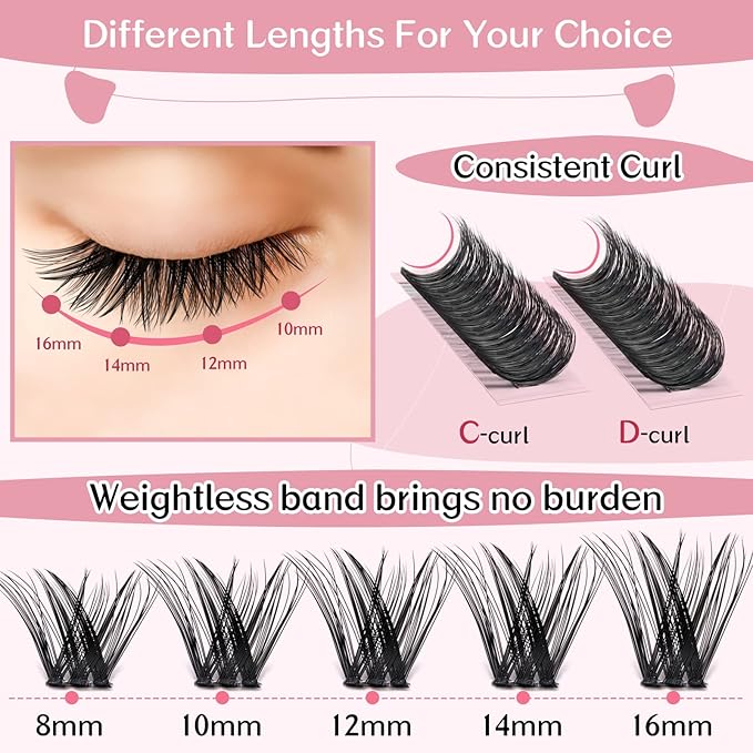 Cluster Lashes 72 Pcs Lash Clusters DIY Eyelash Extension Individual Lashes D-8-16mix Thin Band Easy to Apply at home Lashes (Adore, D-8-16mix)