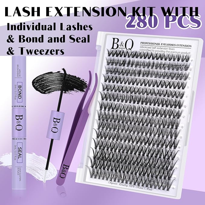 DIY Lash Extension Kit 280pcs Individual Lashes Cluster D Curl Eyelash Extension Kit Lash Clusters with Lash Bond and Seal and Lash Applicator Tool for Self Application (KIT,30D-D-9-16MIX)