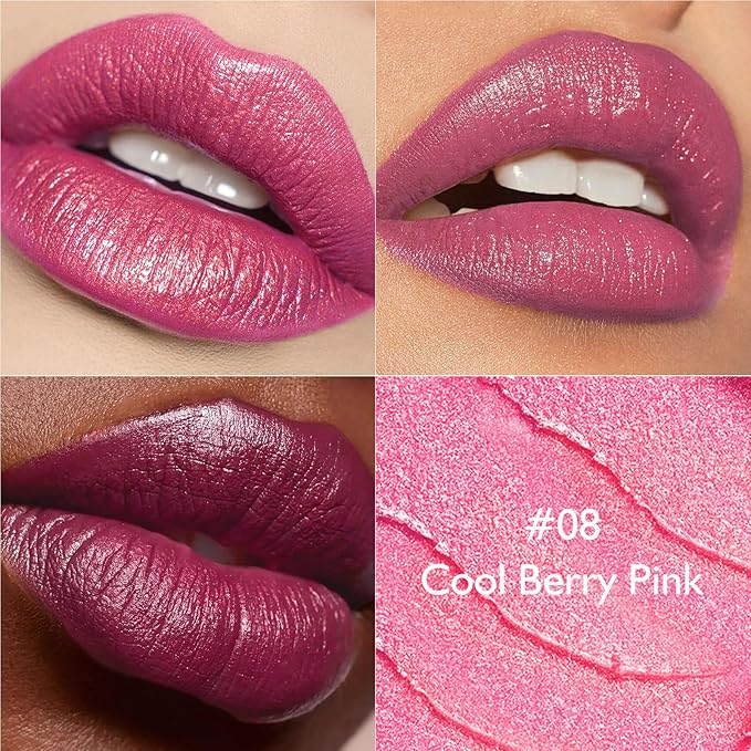 Cool Berry Pink Lipstick for Women with Metallic Shimmer Shine, Long Lasting Lip Stick Glitter Moisturizing Lightweight Full Coverage Lip Makeup, Non-Sticky Pearl Shiny Cream Lipstick Balm, 08