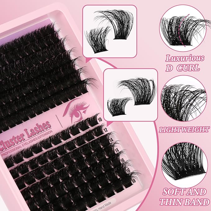 D Curl Lash Clusters Extensions 175 Pcs Individual Eye lash Clusters 150+200D Cluster Eyelash Lashes Wispy Clusters Lashes Makeup at Home - DIY Lash Extension Kit for Self Application