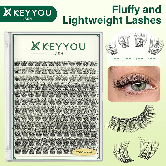 KEYYOULASH Lash Clusters Natural& Wispy Eyelash Clusters D Curl 144pcs 8-18mm Lashes Clusters Fluffy Eyelash Extensions for Beginner DIY Thin Band Cluster Lashes at Home(KY02-8-18MIX)