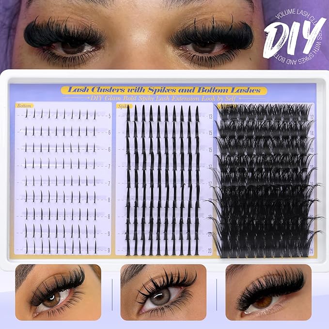 Volume Lash Clusters with Spikes and Bottom Lashes DIY Spiky Lash Extension Wispy Eyelash Clusters 12-25mm with Lash Spikes 13-23mm and 5-9mm Bottom Lashes D Curl Manga Lashes Clusters by Yawamica