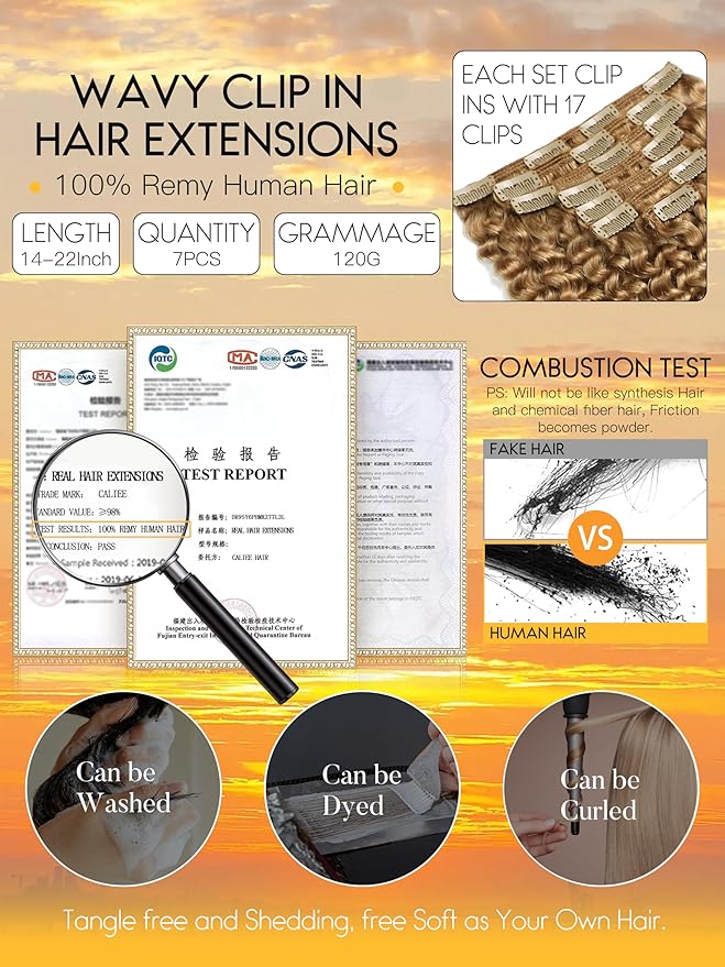 Caliee Jerry Curly Clip in Hair Extensions Human Hair for Black Women 14inch Strawberry Blonde Real Remy Hair Clip in Extensions 3B 3C Curly Clip in Extensions Natural Human Hair Extensions #27 120g