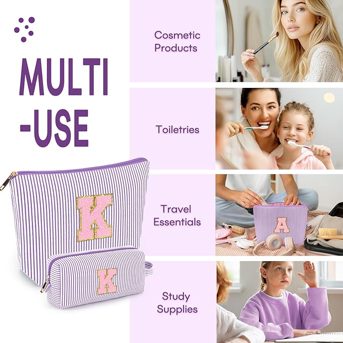 mibasies 2 PCS Initial Makeup Bags for Women: - Birthday Gifts for Teen Girls 11 12 13 14 15 16 Years Old - Preppy Trendy Stuff - Cosmetic Bag for Travel Toiletry - Purple K