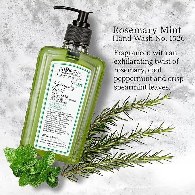 C.O. Bigelow Rosemary Mint Hand Wash, Village Perfumer Liquid Hand Soap with Aloe Vera & B5, 10 Fl Oz