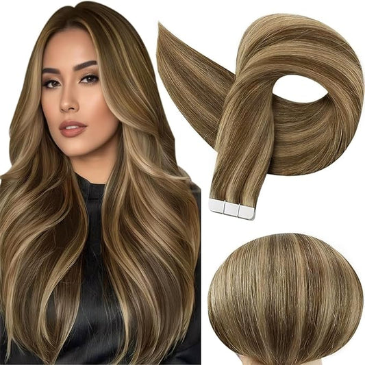 Full Shine Tape in Extensions Human Hair Medium Brown Highlighted Honey Blonde Tape ins Human Hair 14 Inch Real Human Hair Extensions Tape ins 50 Gram 20 Pcs Seamless Skin Weft Hair Extensions 4P27