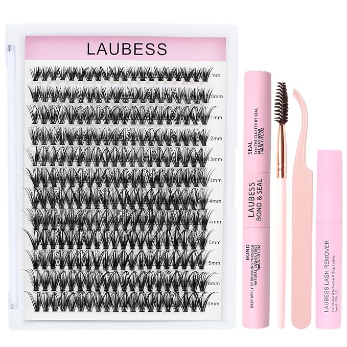 Lash Clusters Kit LAUBESS DIY Lash Extension Kit Lash Bond and Seal Waterproof Lash Glue Remover Tweezers Brush Cluster Eyelash Extensions Kit Eyelash Clusters (Kit 40D-C-Mix9-16)