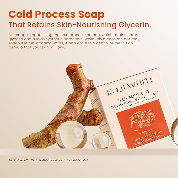 Koji White Turmeric & Kojic Acid Dipalmitate Soap - Unscented Bar Soap for Uneven Skin Tone With Shea Butter – For Face & Body, Vegan, Fragrance-Free, Sensitive Skin, 2.82 oz (2 Bars)