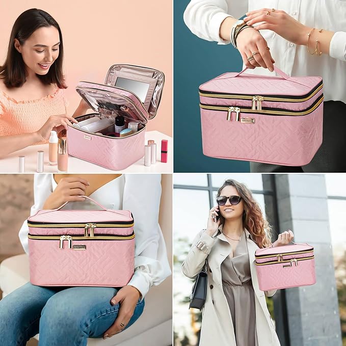8.8L Double Layer Travel Makeup Bag With Mirror For Women, Large Cosmetic Case, Organizer for Travel-Size Accessories Bottles, Brushes,and Skin Care Products, 2.33 GAL, Pink