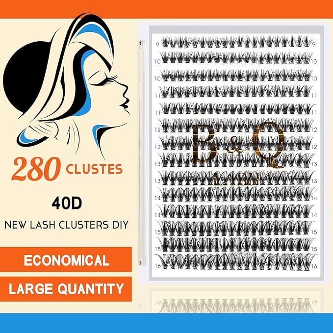 B&Q Lash Clusters 40D-C-9-16MIX Individual Lashes 280 Clusters Manga Lashes False Eyelash Lash Clusters Extensions DIY Eyelash Extensions at Home (40D-C,9-16MIX)